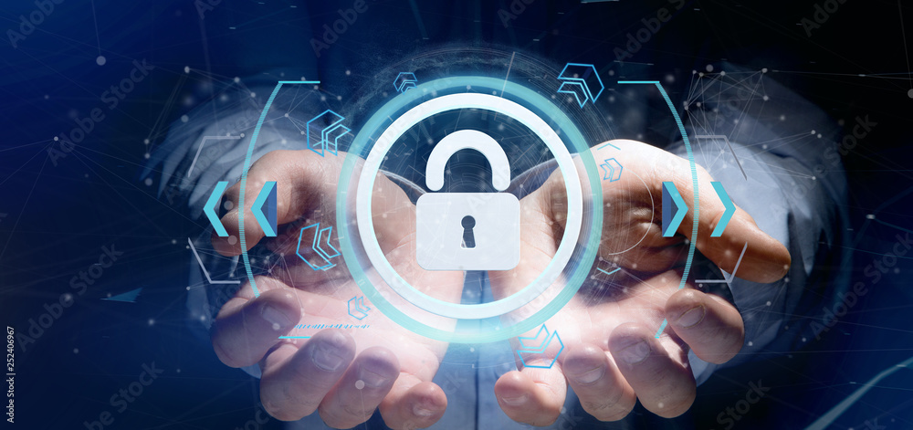 Poster man holding a padlock web security concept 3d rendering