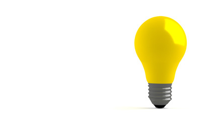 Yellow lightbulb is placed on white background. Isolated bulb, free space for custom text. Usable as representation of ideas and brainstorming. 3D render