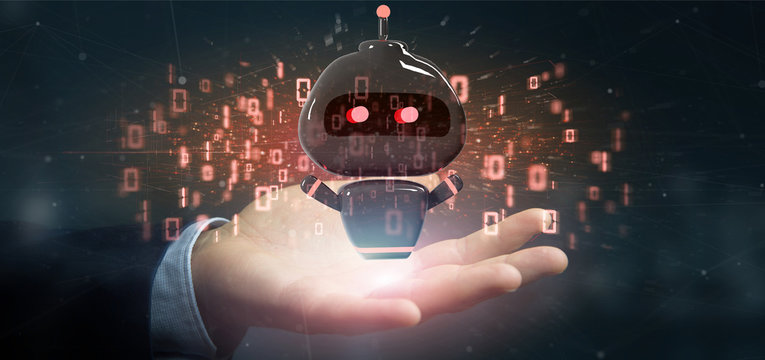 Businessman holding Virus chatbot with binary code 3d rendering