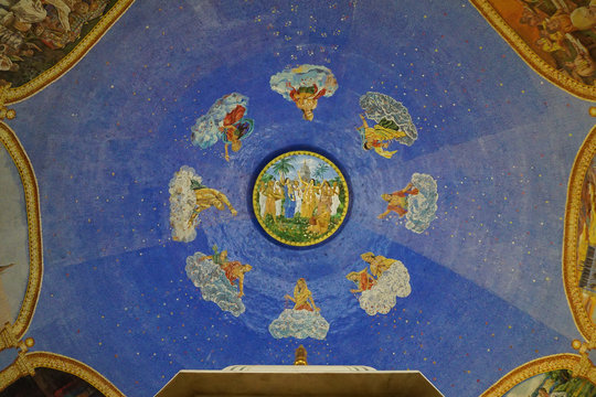 The picture on the ceiling of the building of Samadhi Srila Prabhupada. Mayapur, India
