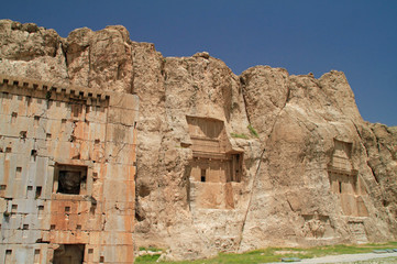 The massive tombs of the Persian kings Darius and Xerxes near Persepolis, Iran