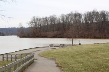 The pathway to the lake in the park on a cloudy day.