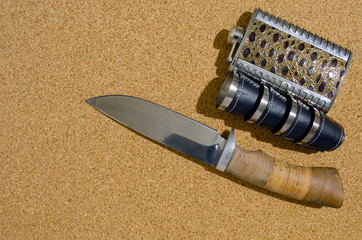 flask, knife and cups