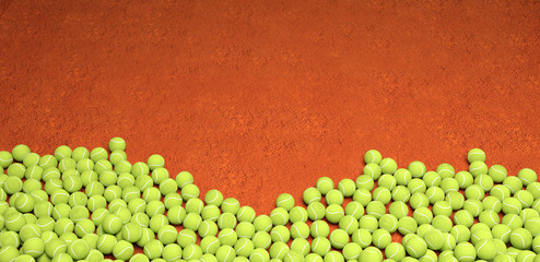 Plein de balles de tennis sur fond de terre battue - obrazy, fototapety, plakaty