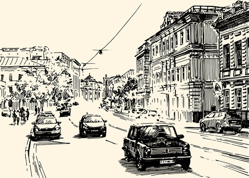 Vector city street scene. Freehand sketch style illustration.
