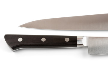 Knife blade and handle on white, fragment