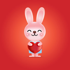 Cute cartoon bunny holding heart balloon, Vector Illustration