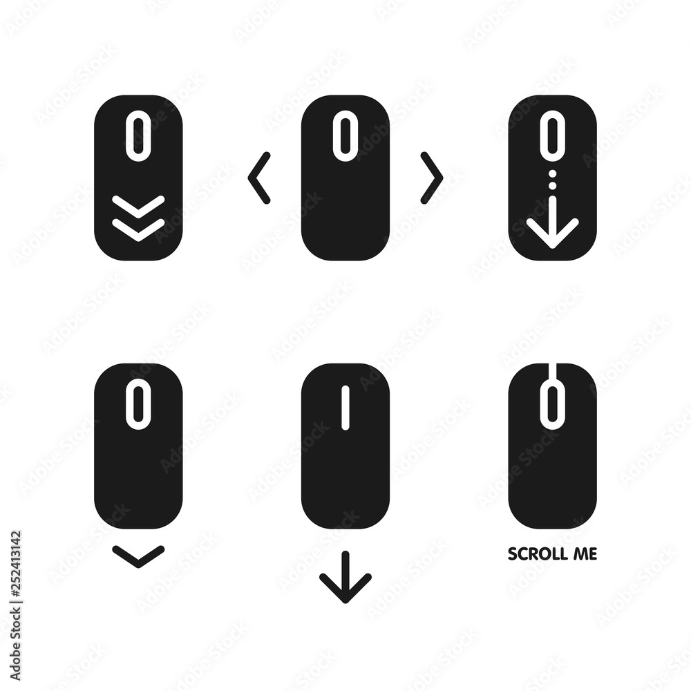 Poster scroll down and up icon set. pointer moves, interface development for users. vector line art illustr