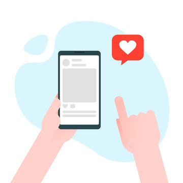 Hand holding smartphone with heart emoji message on screen, like button. Love confession, like. Social network and mobile device. Graphics for websites, web banners. Flat design vector illustration