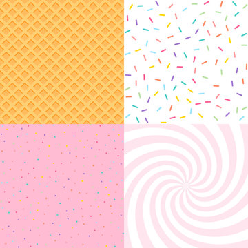 Seamless background with donut and ice cream glaze, confetti, waffle. Decorative bright sprinkles texture pattern design set