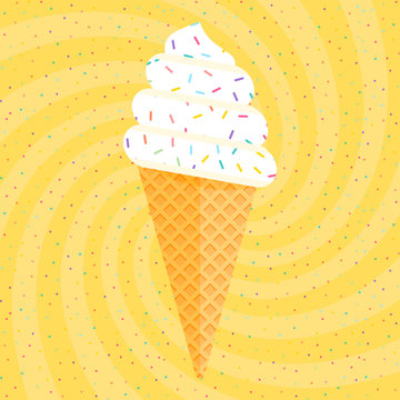 Delicious Colorful Ice Cream In Waffle Cone On Yellow Swirl Confetti Background. Vector Illustration