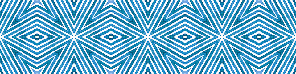 Blue Seamless Border Scroll. Geometric Watercolor 