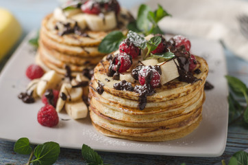 Homemade chocolate banana pancakes