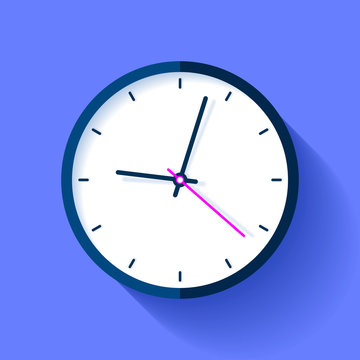 Clock icon in flat style, round timer on blue background. Nine o'clock. Simple watch. Vector design element for you business projects