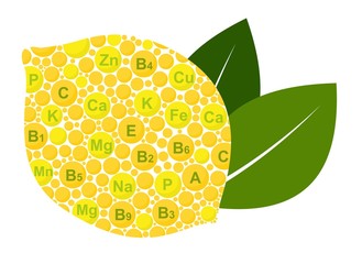 Lemon Benefits. Vitamins and minerals of lemon. Infographics nutrients in lemon fruit. Vector illustration lemon, vitamins, health food, nutrients