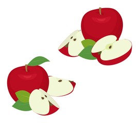 Apple pieces set. Whole red apple fruit with slice, cut, with leaves on white background as package design element.