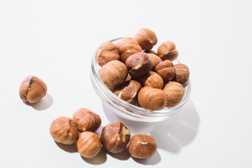 The top view of hazelnuts isolated on white background