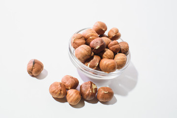 The top view of hazelnuts isolated on white background