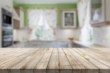 Wooden desk on interior background