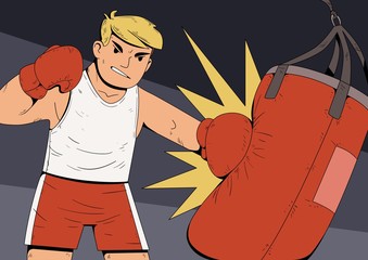 boxer man with boxing gloves hits the punching bag