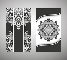 Set of flyer, cover elements of mandala pattern. Oriental motif. Hand painted texture background. Wedding invitations, cards and business templates. Decorative card design printing. Vector EPS 10