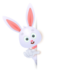 Cute bunny peeking around blank banner and pointing at it. Easter greeting card or poster template. For leaflets, brochures, invitations, posters or banners.