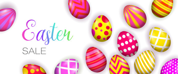 Easter Sale lettering with bright decorated eggs. Easter offer advertising design. Handwritten and typed text, calligraphy. For leaflets, brochures, invitations, posters or banners.
