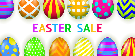 Easter Sale lettering with bright painted eggs. Easter offer advertising design. Typed text, calligraphy. For leaflets, brochures, invitations, posters or banners.