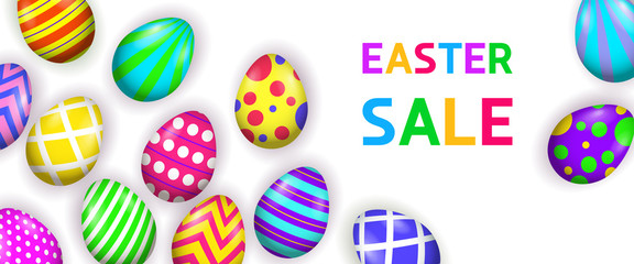 Fototapeta na wymiar Easter Sale lettering with decorated eggs. Easter offer advertising design. Typed text, calligraphy. For leaflets, brochures, invitations, posters or banners.