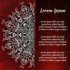 Fototapeta na wymiar Flyer holiday card, frame for congratulations on your wedding, Valentine's day, birthday, invitation, gratitude, celebration, Declaration of love. Vector red background with a mandala pattern. eps10