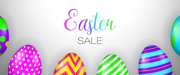 Easter Sale lettering with painted eggs. Easter offer advertising design. Handwritten and typed text, calligraphy. For leaflets, brochures, invitations, posters or banners.