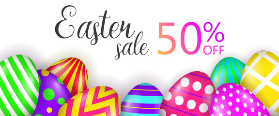 Easter Sale, fifty percent off lettering and painted eggs. Easter offer advertising design. Handwritten and typed text, calligraphy. For leaflets, brochures, invitations, posters or banners.