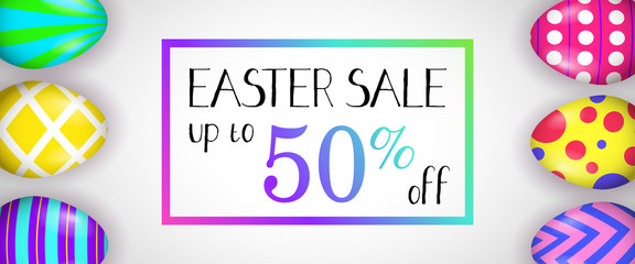 Easter Sale, up to fifty percent off lettering with painted eggs. Easter offer advertising design. Typed text, calligraphy. For leaflets, brochures, invitations, posters or banners.