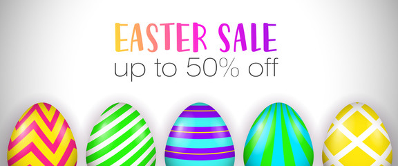 Easter Sale, up to fifty percent off lettering, decorated eggs. Easter offer advertising design. Typed text, calligraphy. For leaflets, brochures, invitations, posters or banners.