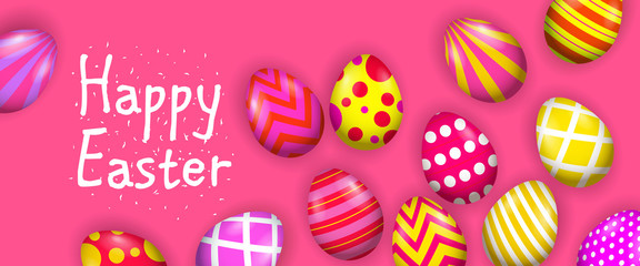 Happy Easter lettering with bright decorated eggs. Easter greeting card. Typed text, calligraphy. For leaflets, brochures, invitations, posters or banners.