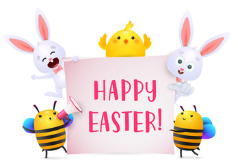Happy Easter lettering with bunnies, chicken and bees characters. Easter greeting card. Typed text, calligraphy. For leaflets, brochures, invitations, posters or banners.