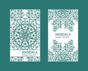 Flyer laser cutting mandala.Vector paper card with lace pattern of green, turquoise color. Wedding invitations, cards and business card templates. Decorative laser cutting cards for design