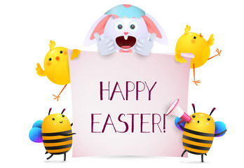 Happy Easter lettering with bunny, chicks and bees characters. Easter greeting card. Typed text, calligraphy. For leaflets, brochures, invitations, posters or banners.