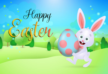 Happy Easter lettering with bunny carrying egg on meadow. Easter greeting card. Handwritten and typed text, calligraphy. For leaflets, brochures, invitations, posters or banners.