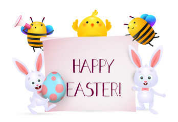 Obraz na płótnie Canvas Happy Easter lettering with chick, bees and bunnies characters. Easter greeting card. Typed text, calligraphy. For leaflets, brochures, invitations, posters or banners.
