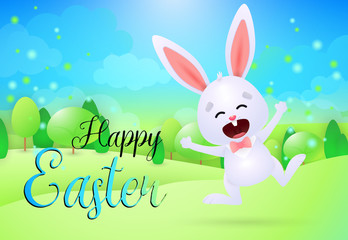 Obraz premium Happy Easter lettering with cute cheerful bunny. Easter greeting card. Handwritten and typed text, calligraphy. For leaflets, brochures, invitations, posters or banners.