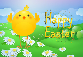 Happy Easter lettering with cute chicken on lawn. Easter greeting card. Typed text, calligraphy. For leaflets, brochures, invitations, posters or banners.