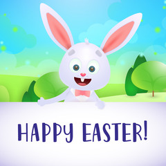 Happy Easter lettering with cute rabbit and landscape. Easter greeting card. Typed text, calligraphy. For leaflets, brochures, invitations, posters or banners.