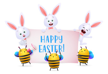 Happy Easter lettering with cute rabbits and bees characters. Easter greeting card. Typed text, calligraphy. For leaflets, brochures, invitations, posters or banners.