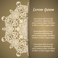 Postcard flyer, frame for congratulations on the wedding, Valentines Day, birthday, invitation, gratitude, celebration, Declaration of love. Vector gold brown background with mandala drawing. eps10