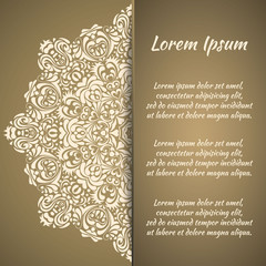 Postcard flyer, frame for congratulations on the wedding, Valentines Day, birthday, invitation, gratitude, celebration, Declaration of love. Vector gold brown background with mandala drawing. eps10