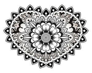 The element of the heart, in the style of mehndi with mandala drawing Valentine, holiday card template, wedding, Valentine's Day, print on clothes, t-shirt, invitation, love. black-white vector eps10