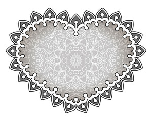 The element of the heart, in the style of mehndi with mandala drawing Valentine, holiday card template, wedding, Valentine's Day, print on clothes, t-shirt, invitation, love. black-white vector eps10