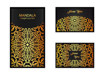 Set of flyer covering elements of mandala drawing. Oriental banner motif Hand painted texture background. Wedding invitations, cards and business templates, web. Card design printing. Vector EPS 10