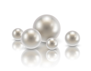 Vector group of realistic shiny luxurious pearls with reflections isolated on white background